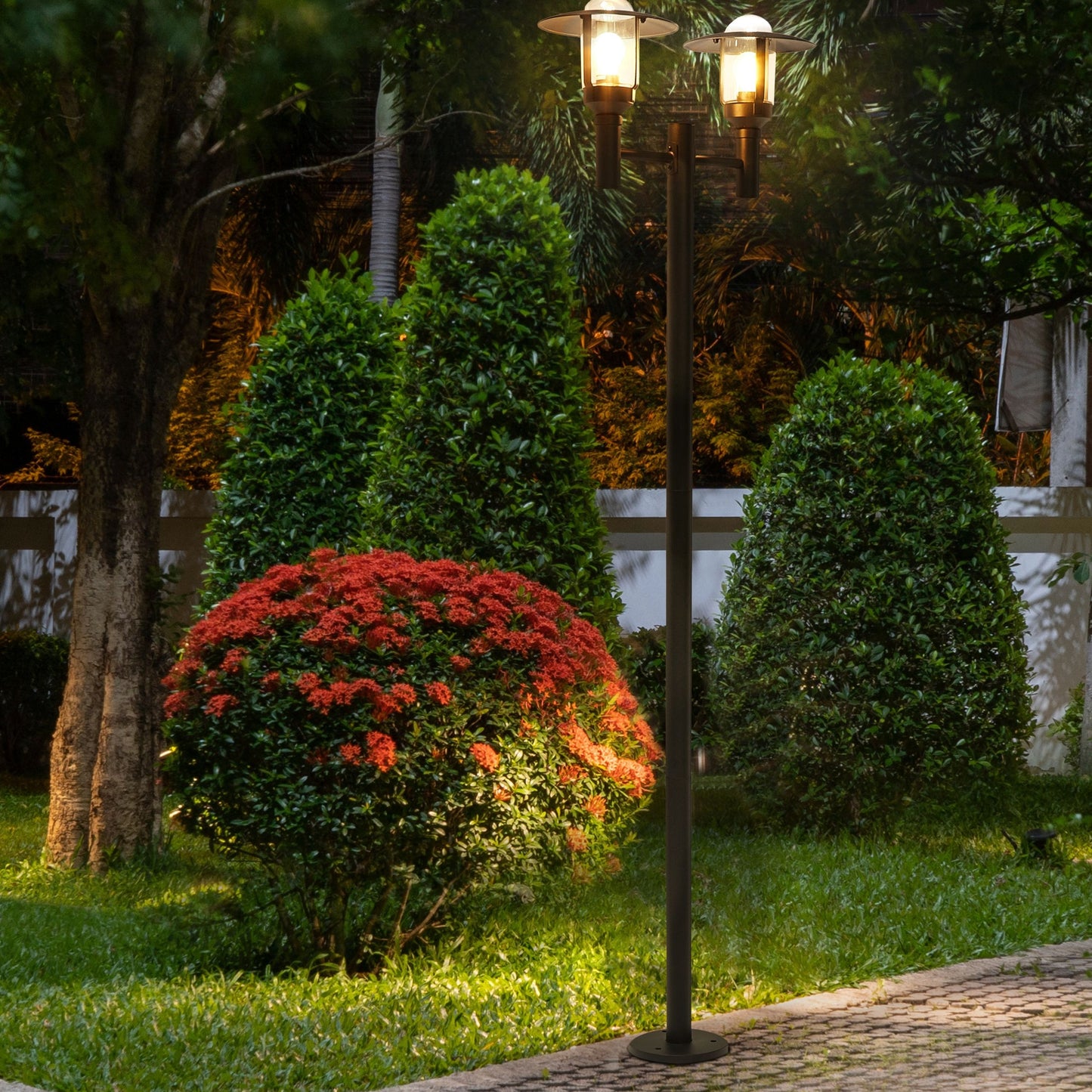 2 Light Black Path Lamp Post Aluminium Glass Shade