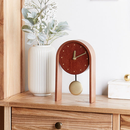 Elara Home Modern MDF Table Clock Round Face Pendulum Brown