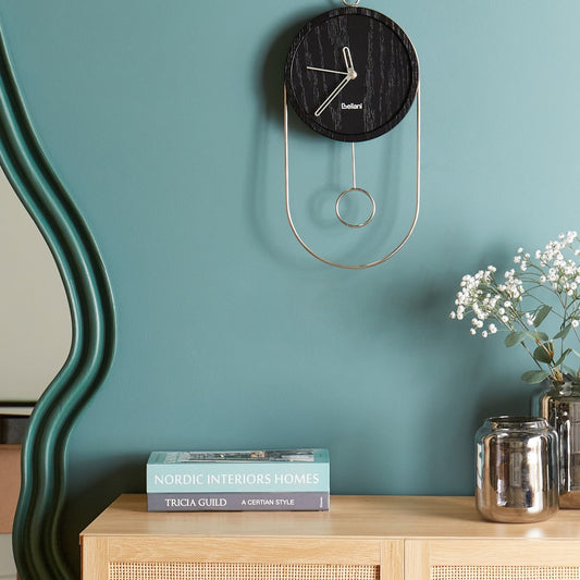 NovaLiving Wall Clock Black MDF Metal 20 x 45 cm Pendulum No Numbers