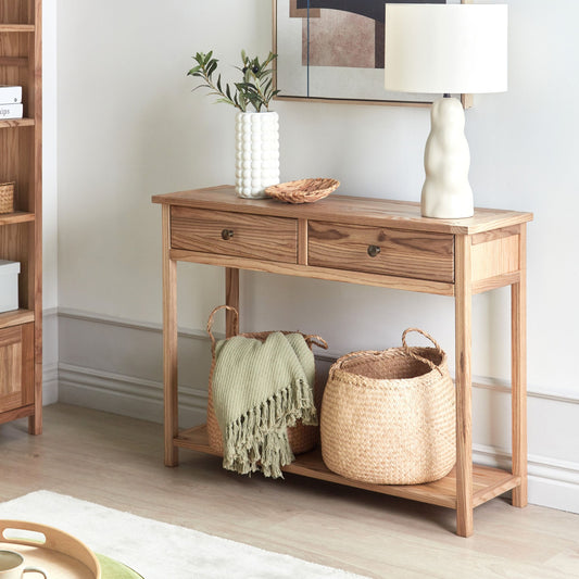 Rustic Console Table Light Natural Wood 100 x 31cm With 2 Drawers Hallway Furniture