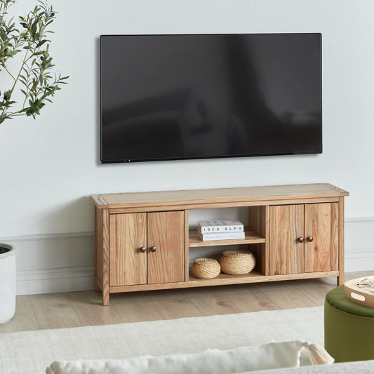 Sassafras Home Rustic TV Stand Natural Light Brown For Up To 58 Inch TV With Two Cabinets