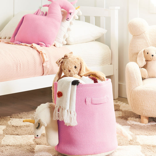 Unicorn Knitted Storage Basket Pink Cotton Toy Hamper