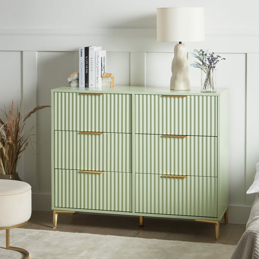 LuxeHome Green MDF Chest of Drawers 6 Drawers Fluted Fronts