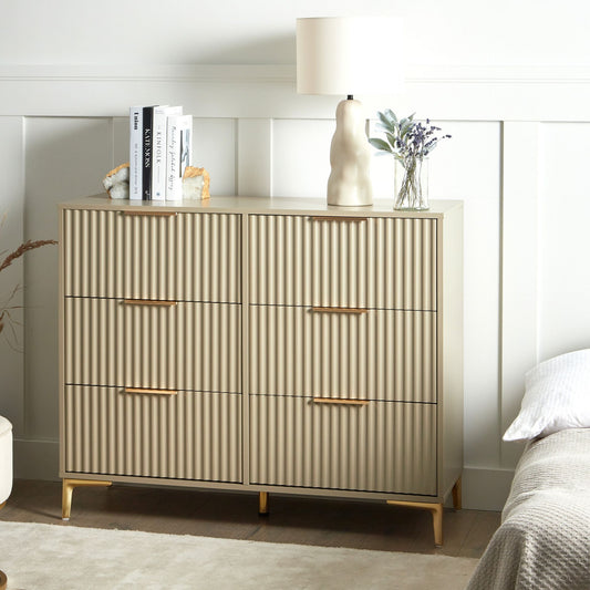 BrandName Beige 6 Drawer Chest With Fluted Fronts And Gold Handles