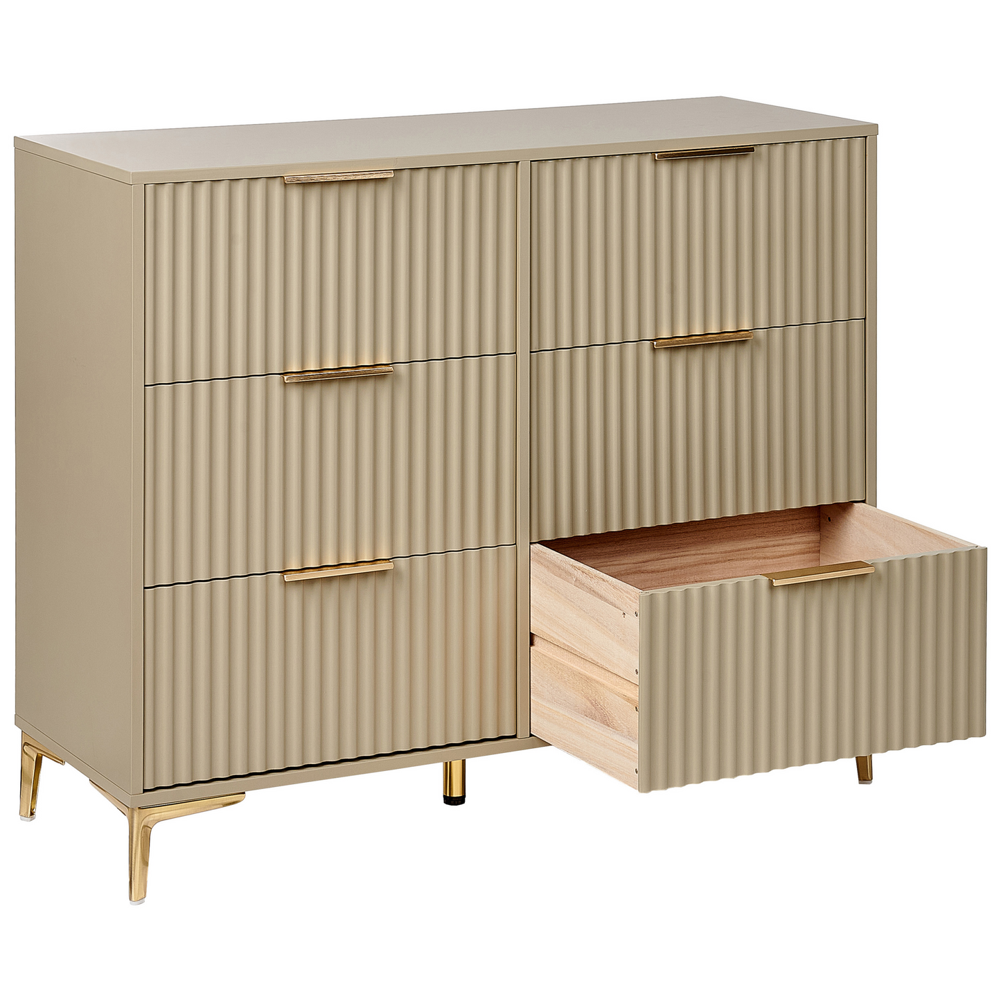 BrandName Beige 6 Drawer Chest With Fluted Fronts And Gold Handles