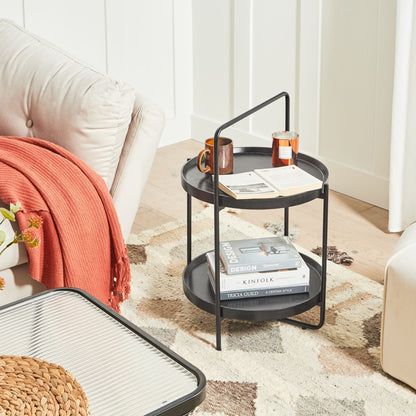NovaHome Side Table Black MDF Top Metal Frame 2 Tier Round 45 Cm Living Room Furniture