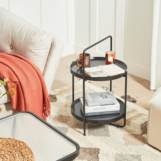 NovaHome Side Table Black MDF Top Metal Frame 2 Tier Round 45 Cm Living Room Furniture