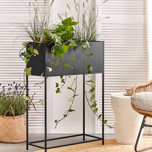Raised Planter Box Black Metal Round Indoor Outdoor Garden