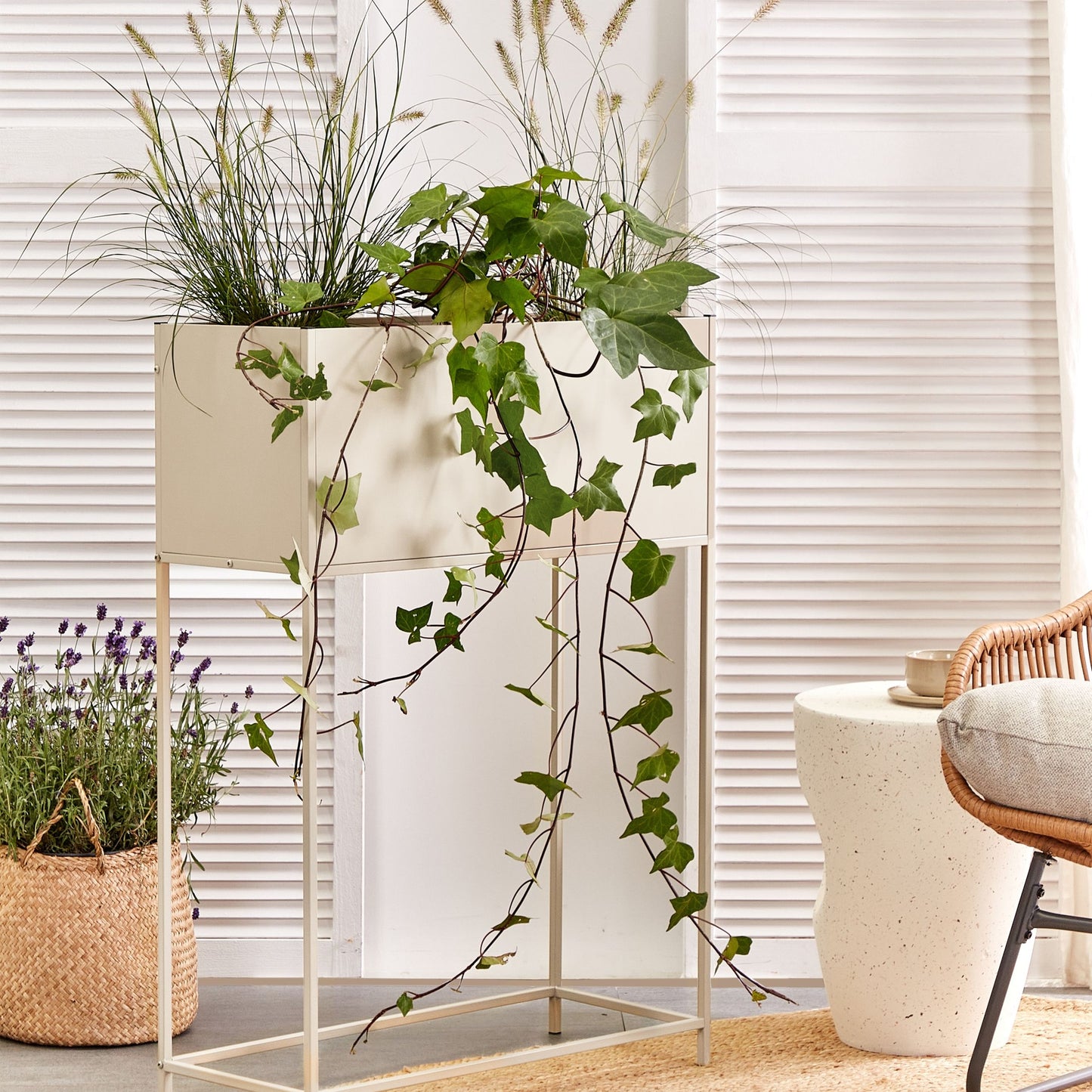Beige Metal Round Raised Planter Box Indoor Outdoor