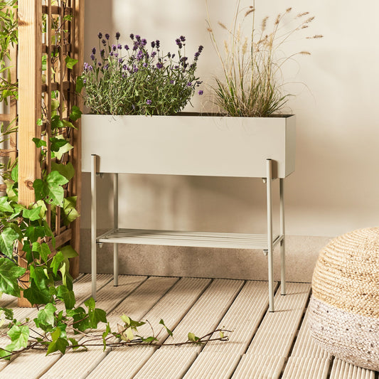 Raised Planter Box Beige Metal With Shelf Indoor Outdoor