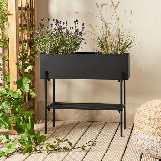 Raised Metal Planter Box With Built In Shelf Black