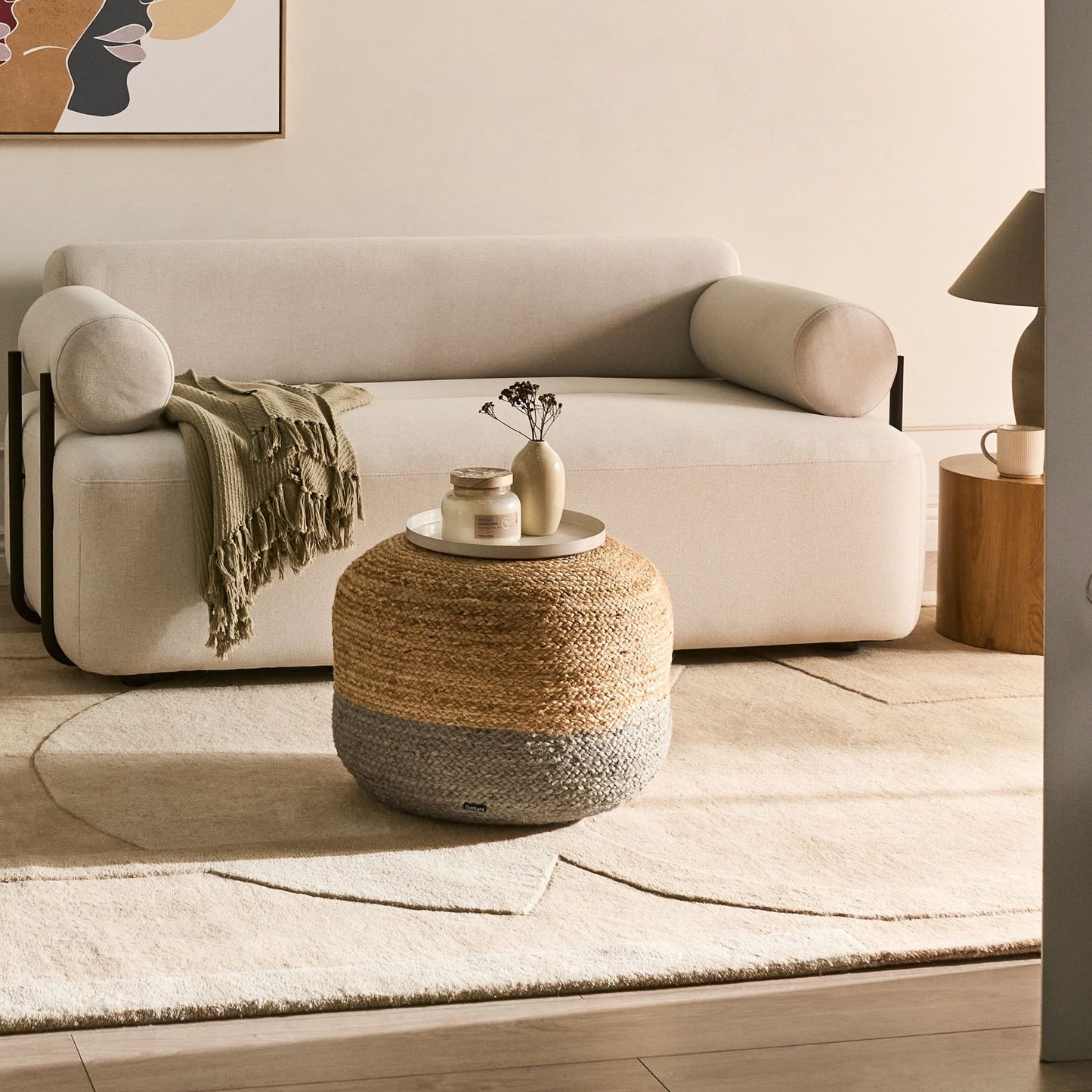 Pouffe Taupe Jute With EPS Bead Filling 50 x 50 x 40cm Round Ottoman Boho Style