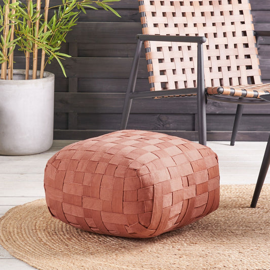 Boho Outdoor Pouffe 50 x 50cm Light Red Handwoven Recycled PET
