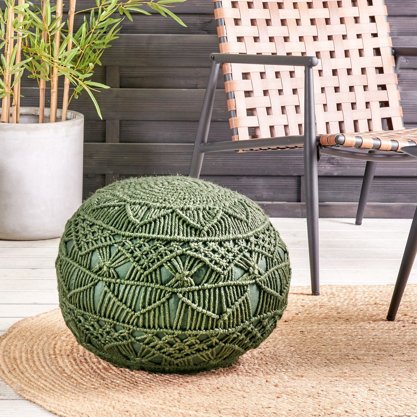 Garden Pouffe Green 50 x 50cm Handwoven Boho Outdoor