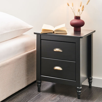 Oak And Elm Pine Wood Bedside Table Nightstand Matte Black 2 Drawers Retro Finish