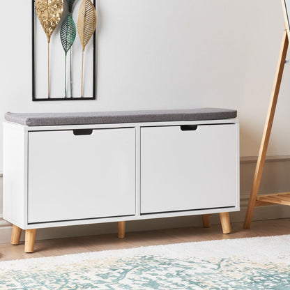 NordicHome White MDF Shoe Storage Cabinet Cushioned Seat Two Compartments Minimalist Hallway Organizer