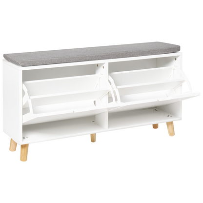 NordicHome White MDF Shoe Storage Cabinet Cushioned Seat Two Compartments Minimalist Hallway Organizer