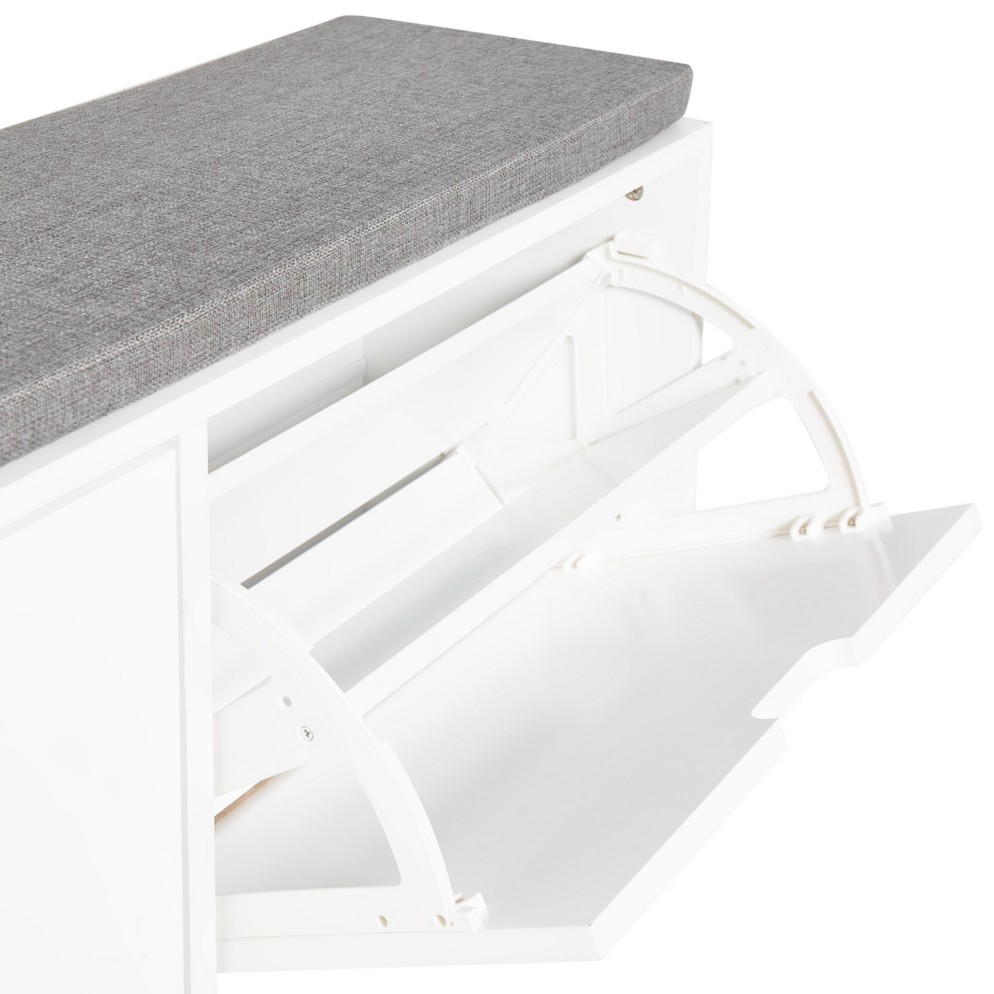 NordicHome White MDF Shoe Storage Cabinet Cushioned Seat Two Compartments Minimalist Hallway Organizer
