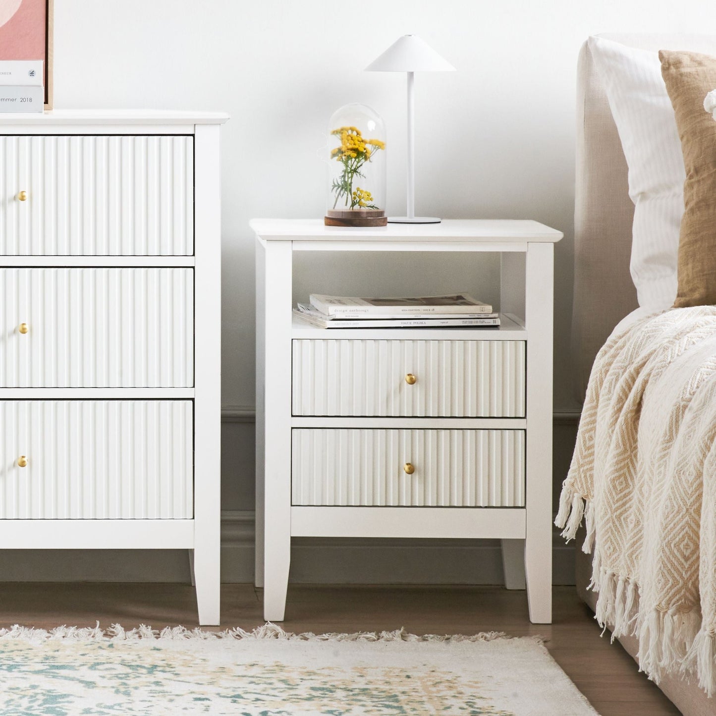 NovaHome Luxe 2 Drawer White MDF Bedside Table With Gold Handles And Top Shelf Modern