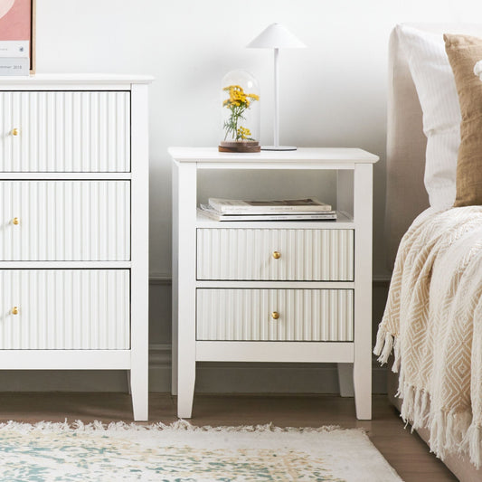 NovaHome Luxe 2 Drawer White MDF Bedside Table With Gold Handles And Top Shelf Modern