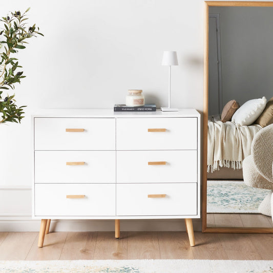 Chest of Drawers White 6 Drawer Oak Legs Modern