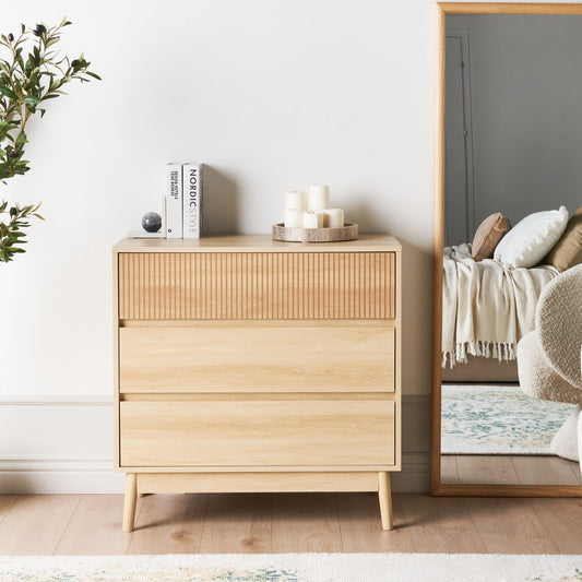 NovaHome Chest of Drawers Light Brown MDF 3 Drawers Pine Wood Legs