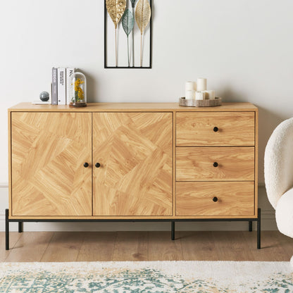 Sideboard With Drawers Light Wood And Black Metal Base
