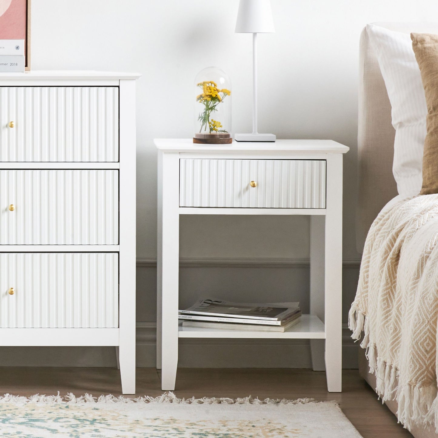 LuxeHome 1 Drawer Bedside Table White MDF With Gold Handle For Bedroom Elegant Storage Nightstand