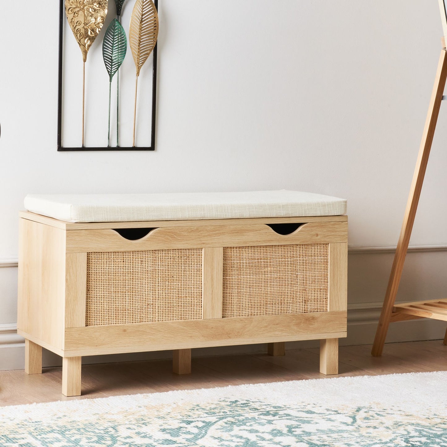 Storage Bench Light Brown Cushioned Top Rattan Fronts