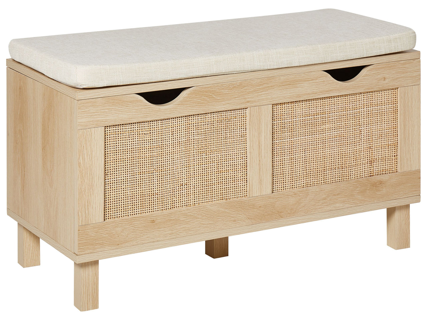 Storage Bench Light Brown Cushioned Top Rattan Fronts
