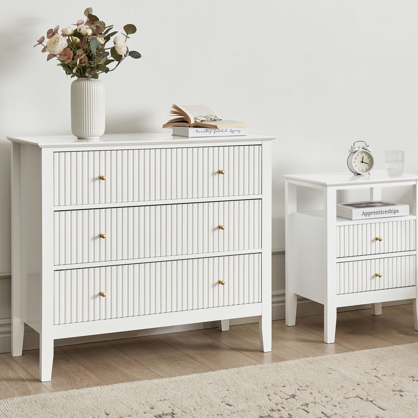 NovaHome 3 Drawer Chest White MDF Gold Handles Living Room Stylish