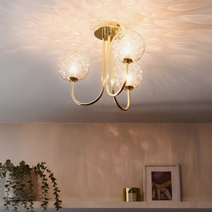Three Light Ceiling Fixture Beige and Gold Glass Iron Glamour