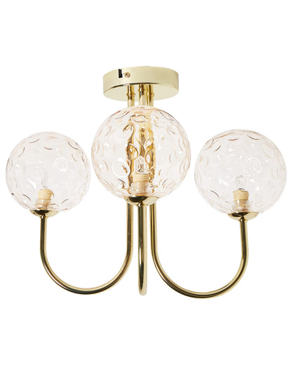 Three Light Ceiling Fixture Beige and Gold Glass Iron Glamour