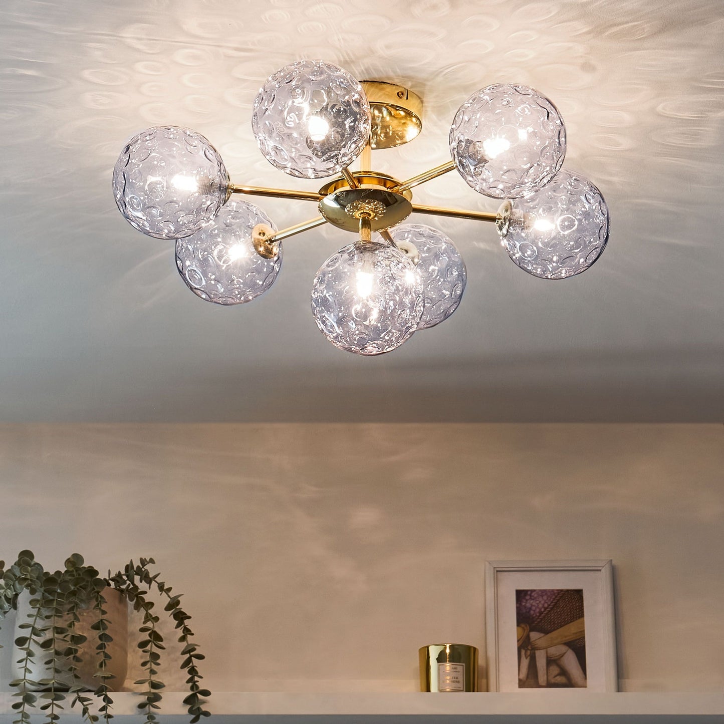 Seven Light Ceiling Chandelier Blue And Gold Glass And Iron Modern Glam Living Room