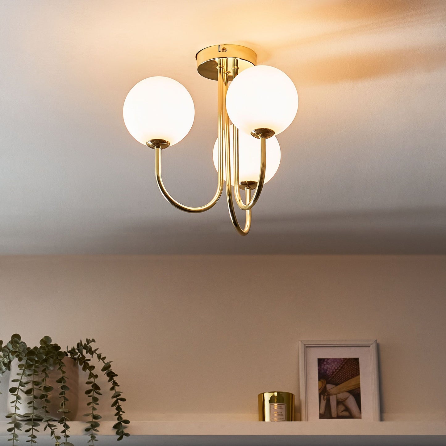 Three Light Ceiling Fixture White Gold Glass Iron
