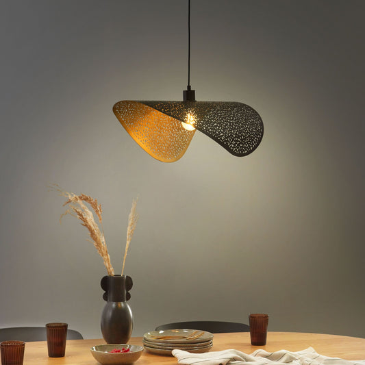 Black Iron Perforated Metal Pendant Lamp Modern Hanging Light With Sculptural Shade
