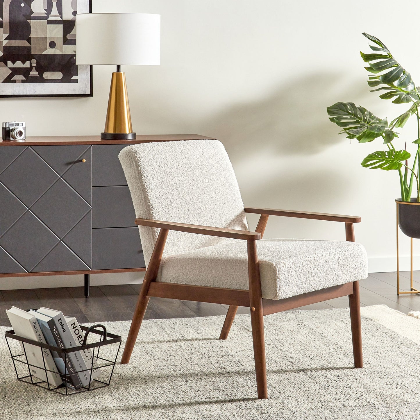Armchair Off White Boucle Upholstery with Dark Wood Frame