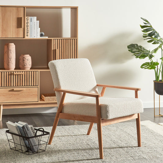 Armchair Off White Polyester Boucle Light Wood Frame