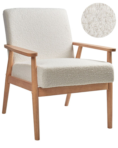 Armchair Off White Polyester Boucle Light Wood Frame