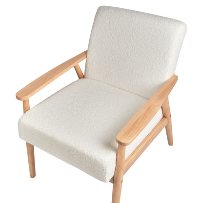 Armchair Off White Polyester Boucle Light Wood Frame