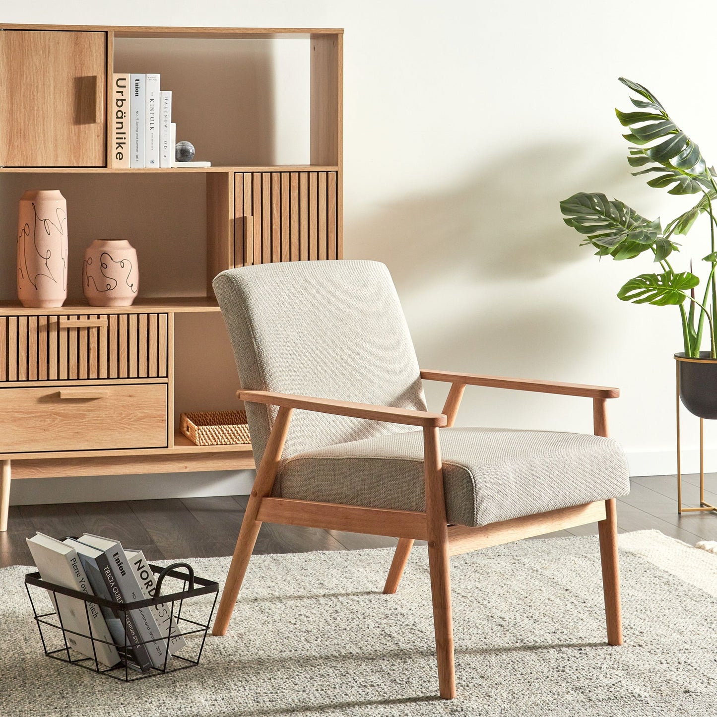 Armchair Grey Polyester Linen Upholstery Mid Century Modern With Light Wood Frame