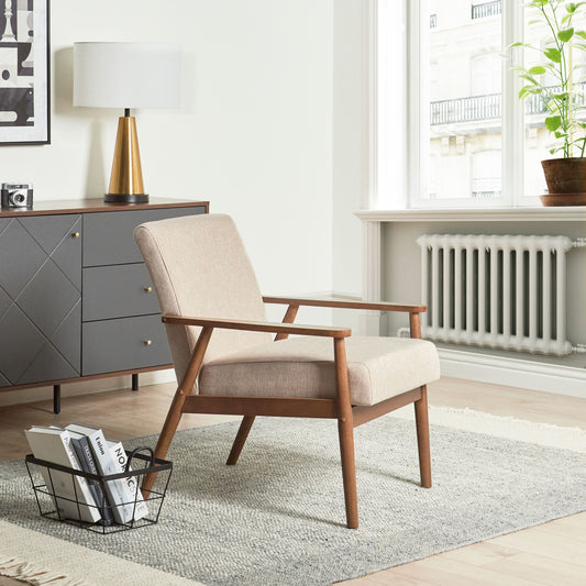 Luma Armchair Beige Polyester Linen Upholstery Retro Dark Wood Frame