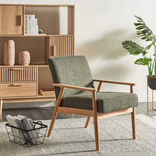 Armchair Green Polyester Upholstery Retro Wood Frame