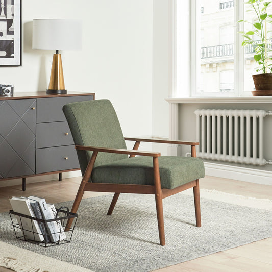 Armchair Green Retro Design With Dark Wood Frame