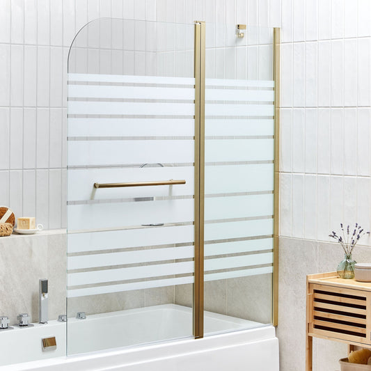Shower Bath Screen With Doors Gold Transparent And Frosted Tempered Glass Aluminium Frame 140 x 120cm Adjustable