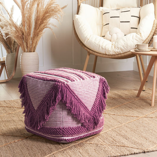 Pouffe Pink Cotton Tassels and Stripes