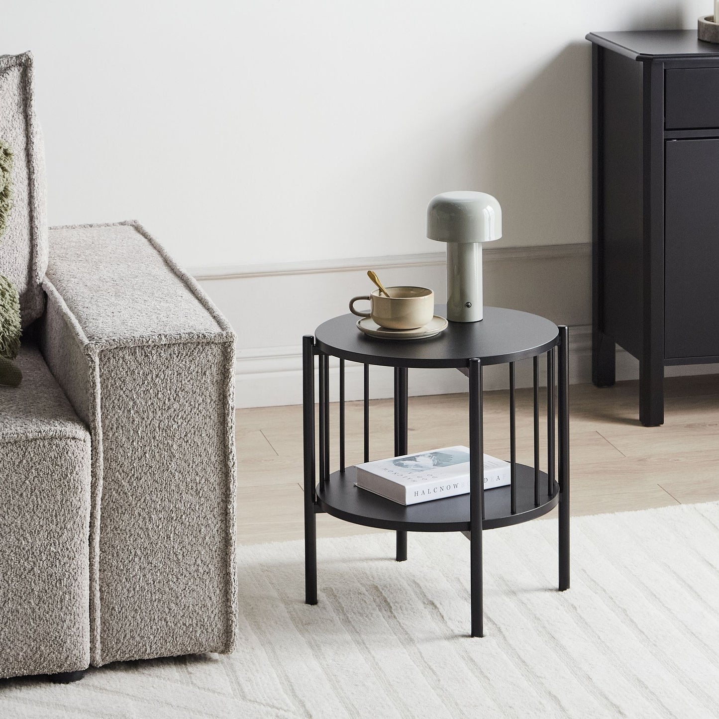 NovaHome Round 40cm Black MDF Side Table With Shelf Retro Style