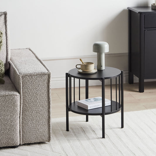 NovaHome Round 40cm Black MDF Side Table With Shelf Retro Style