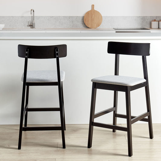Set Of 2 Bar Chairs In Black And Grey Rubberwood Seats With Polyester Upholstery Retro Kitchen Dining