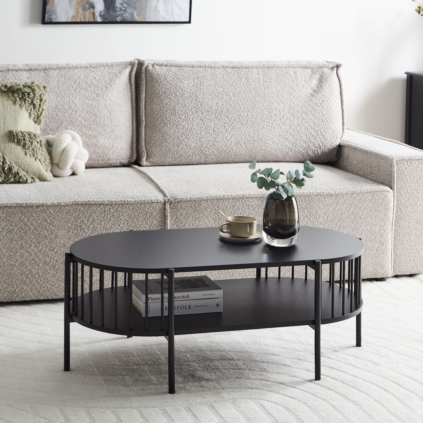 RetroHome Brand Coffee Table Black MDF 103x50 Oval With Shelf